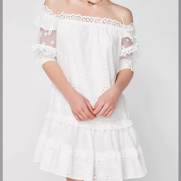 For Love & Lemons Hermosa Eyelet Cute Sweet Mesh Sleeve off Shoulder Dress - Picture 3 of 10
